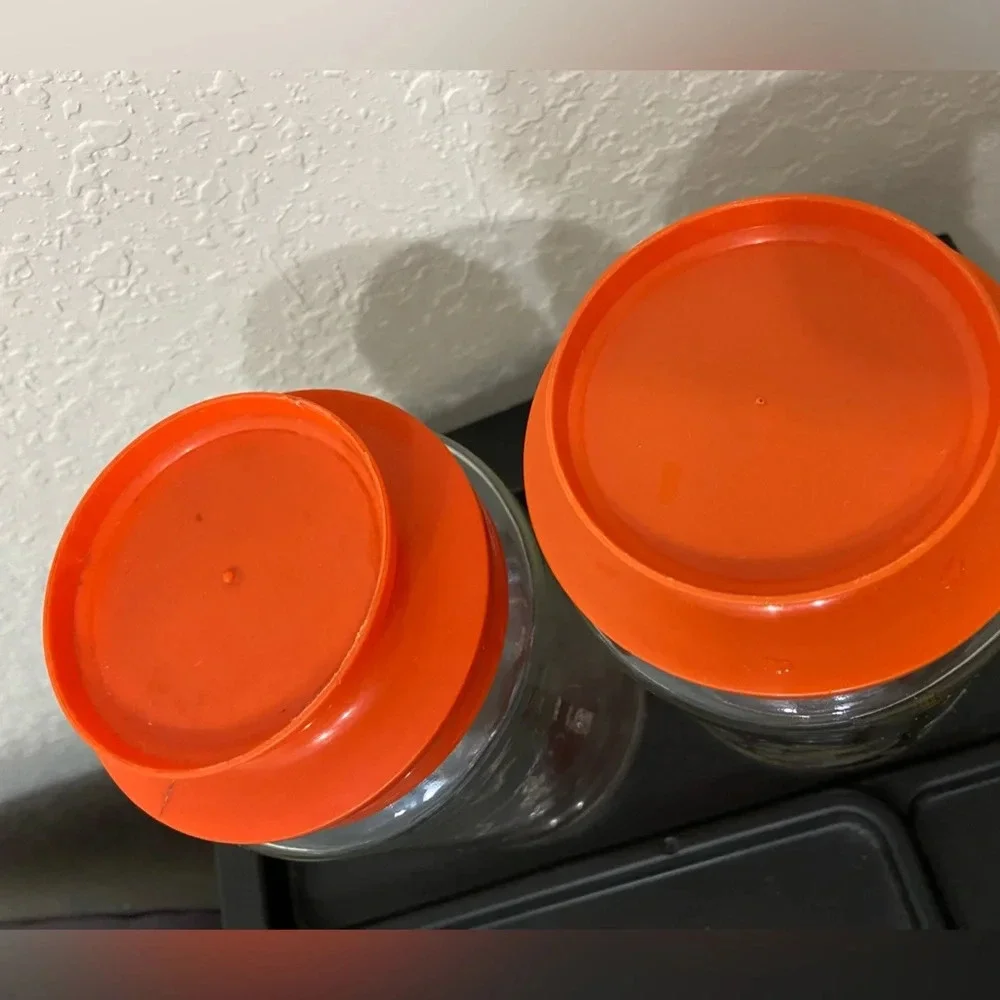 Set of 2 Anchor Hocking Glass Tang Jar Orange Lid Lighthouse Storage Canister